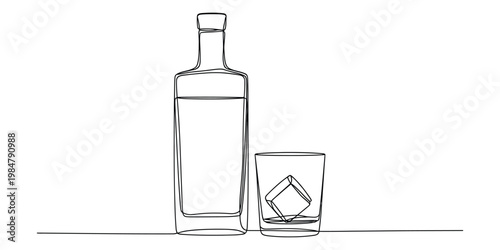 Minimalist Continuous Line Drawing of Liquor Bottle and Glass with Ice