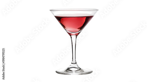 A martini glass filled with red liquid on transparent background