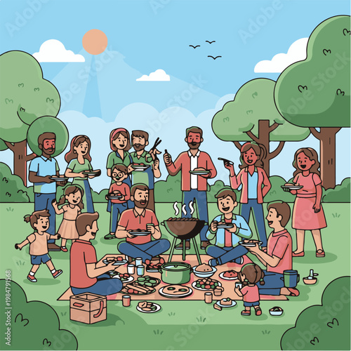 People having outdoor picnic together.