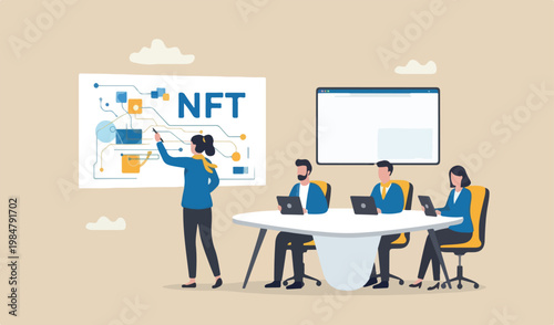 NFT non-fungible token, selling crypto art or painting unique digital asset with currency payment online bidding website, artist woman team painting beautiful digital canvas the word NFT