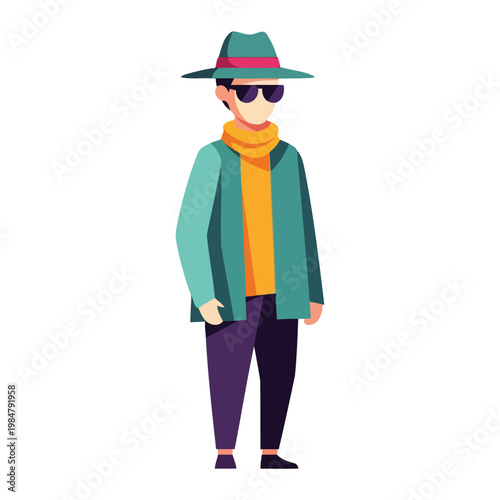 Cartoon man wearing green hat sunglasses teal jacket
