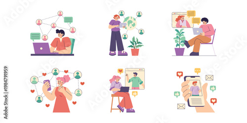 Social Network and Online Communication Illustration Set