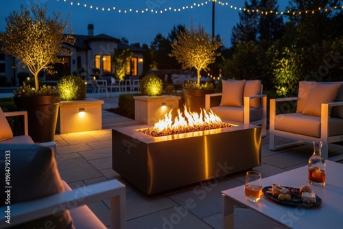 Cozy outdoor patio with fire pit at dusk evening
