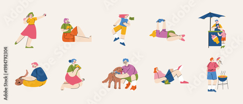 Picnic Day Outdoor Activities Flat Illustration Set