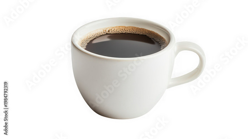 A white coffee mug filled with black coffee on transparent background
