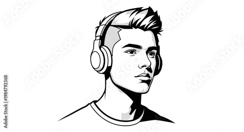 Sketched young man wearing over ear headphones.