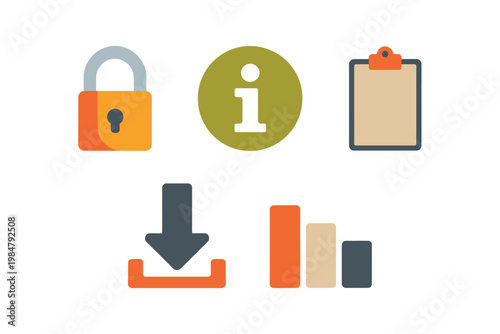 A collection of flat design icons representing security information data and downloads