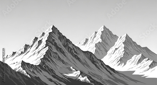 Snow Capped Mountain Range Peaks in Monochrome Landscape.