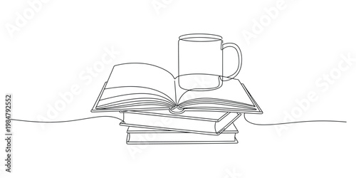 Minimalist Continuous Line Art of Books and Coffee Mug