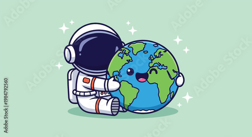 Cute Astronaut Hugging Planet Earth Cartoon Illustration.