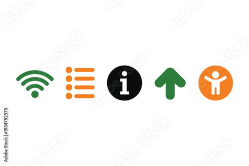 A collection of colorful flat design icons representing network list information and more