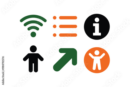 A collection of simple black icons representing wifi information person and directions