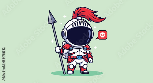 Cute Astronaut Knight Holding Spear Cartoon Vector Illustration.