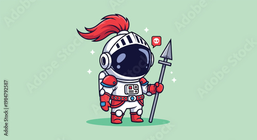 Cute Astronaut Knight Holding Spear Cartoon Illustration.