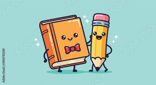 Cute Book and Pencil Characters Holding Hands.