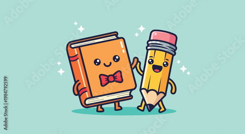 Cute Book and Pencil Characters Waving Hello.