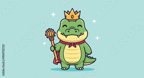 Cute cartoon crocodile king wearing gold crown and red cape holding scepter.