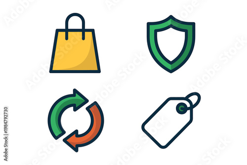 Colorful icons depict shopping bag shield recycling arrows and price tag