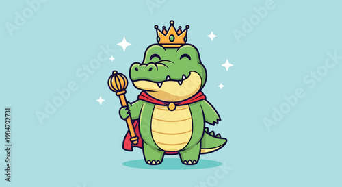 Cute Cartoon King Crocodile Wearing Crown and Holding Scepter.