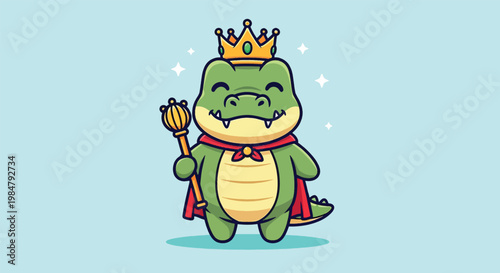 Cute Cartoon Crocodile King Wearing a Crown and Holding a Scepter.
