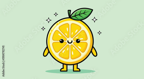 Cute cartoon lemon slice character with a happy face and leaf.