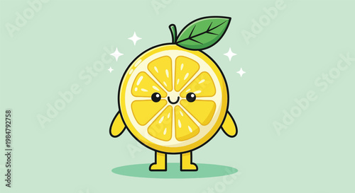 Cute Cartoon Lemon Character Slice with Happy Face and Leaf.