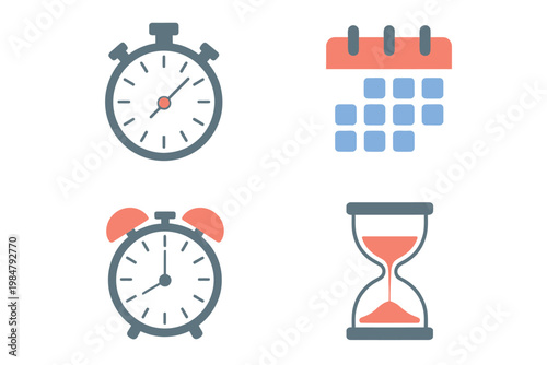 A collection of colorful time related icons stopwatch calendar alarm and hourglass