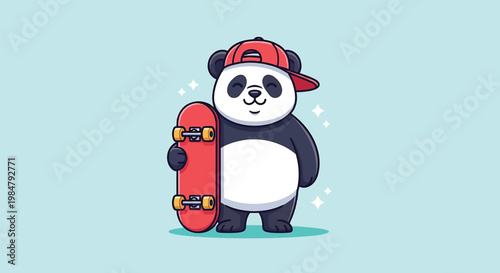Cute Cartoon Panda Holding a Skateboard and Wearing a Red Cap.