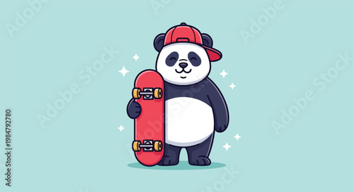 Cute Cartoon Panda Wearing Red Cap Holding Skateboard Illustration.