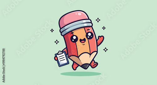 Cute Cartoon Pencil Character Holding Clipboard and Waving.