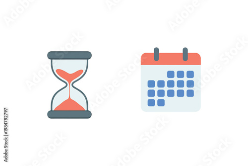 A flat design illustration featuring an hourglass and a calendar icon side by side