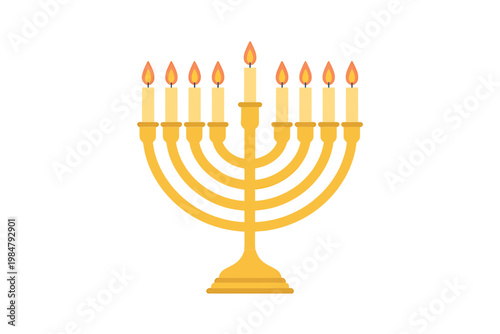 A golden menorah with nine lit candles representing hanukkah and jewish tradition