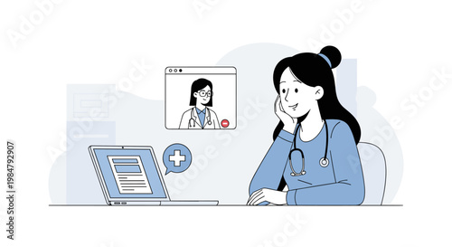 Female doctor consulting patient online via video call on laptop.