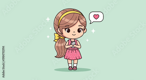 Cute Chibi Girl Holding Smartphone with Heart Speech Bubble Illustration.