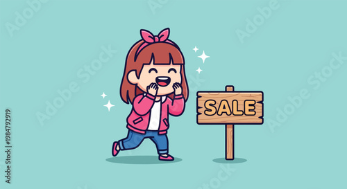 Cute Chibi Girl Character Excited for Shopping Sale Promotion Cartoon Illustration.