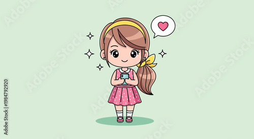 Cute chibi anime girl in pink dress holding plant with heart bubble illustration.