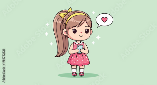 Cute Chibi Girl Holding Smartphone with Heart Speech Bubble Vector Illustration.
