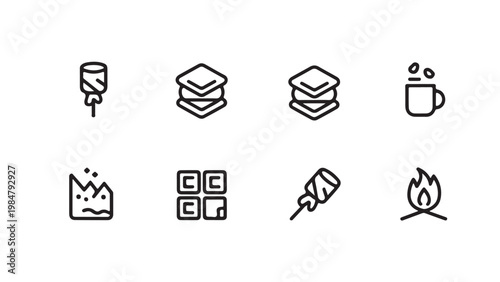 Linear icons of marshmallows being roasted on sticks and made into delicious s'mores.