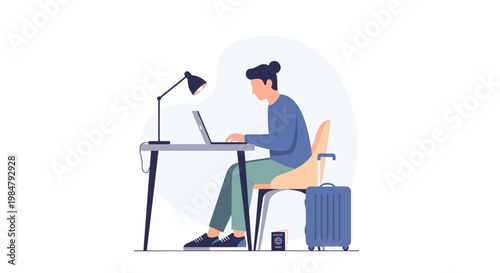 Man working on laptop at desk with suitcase remote work concept.