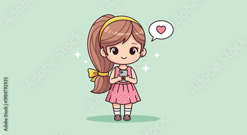 Cute chibi girl in pink dress holding a smartphone with heart speech bubble.
