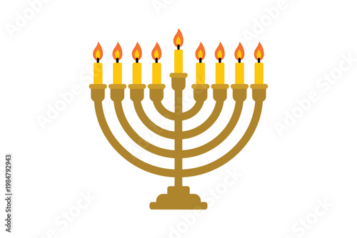 A golden menorah with nine lit candles symbolizing the festival of hanukkah