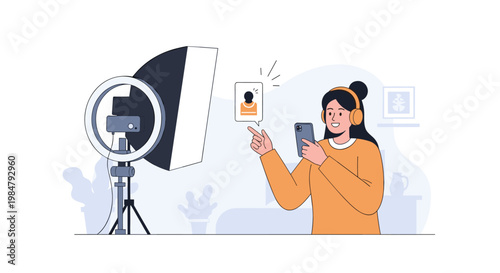 Female content creator setting up for a live stream or video recording.