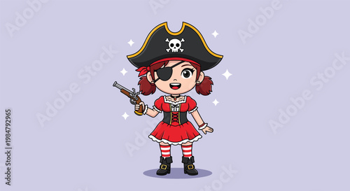 Cute chibi pirate girl character wearing a red dress and a captain hat holding a flintlock pistol.