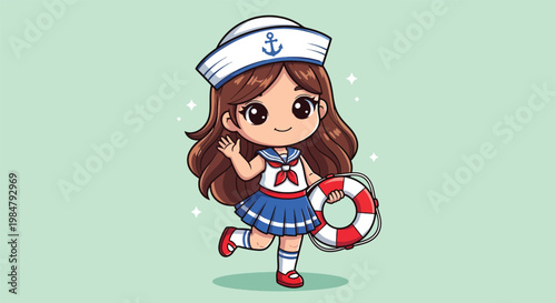 Cute Chibi Sailor Girl Character Holding Lifebuoy Illustration Waving Hello.