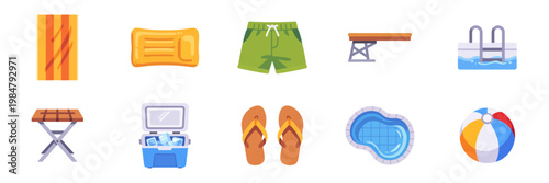 Set of poolside beach leisure icons, summer recreation equipment symbols, colorful collection with illustrations
