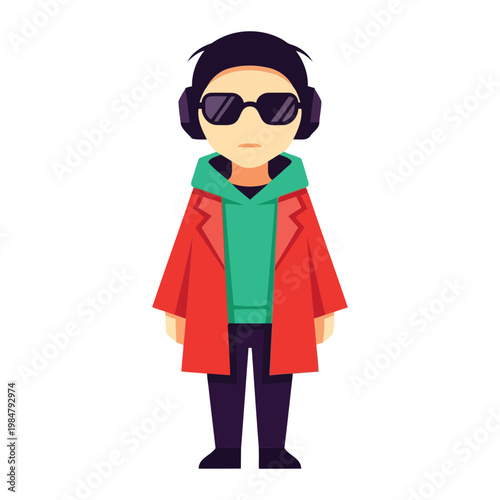Cartoon man wearing red coat green hoodie sunglasses and headphones