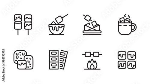 Linear icons of marshmallows being roasted on sticks and made into delicious s'mores.