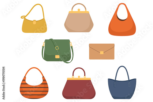 Colorful collection of various handbag styles displayed in a flat illustrative design