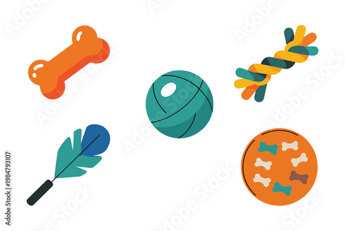 Colorful pet toys including a bone ball feather and chew toy are displayed