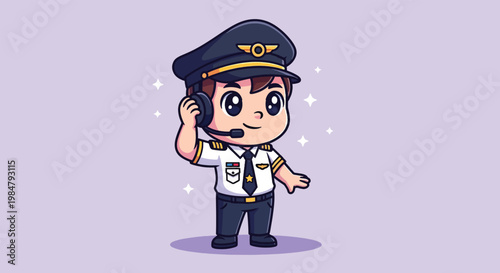 Cute Little Pilot Wearing Headset Cartoon Vector Icon Illustration.